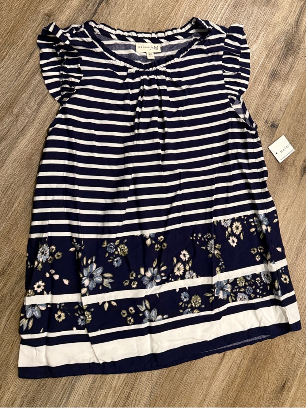 NWT Maison Jules Navy and White Striped Ruffle Neck Top